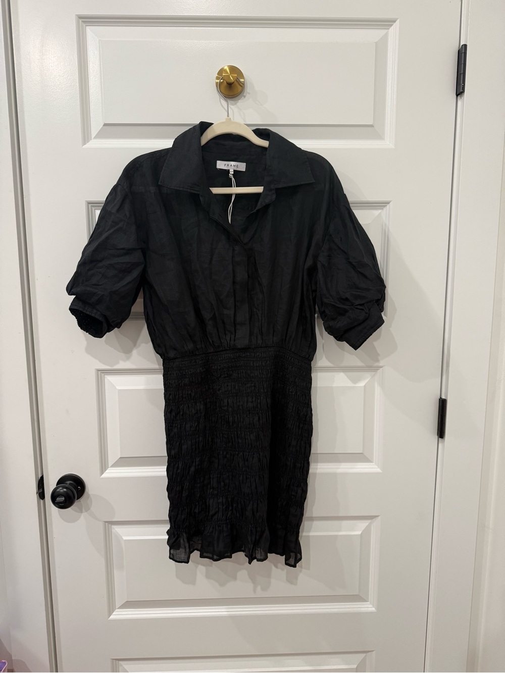 FRAME Le Drop Waist Smocked Linen Mini Shirt Dress Washed Black - Picture 2 of 8